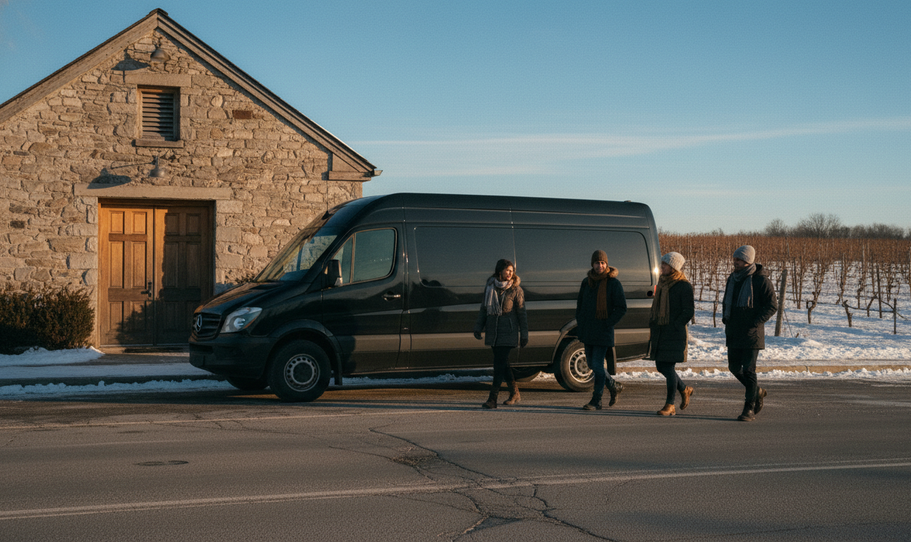 Niagara Icewine Festival 2027: Passes, Gala & Wine Tour 1 Black Sprinter van at a Niagara winery for the Icewine Festival on a snowy winter afternoon
