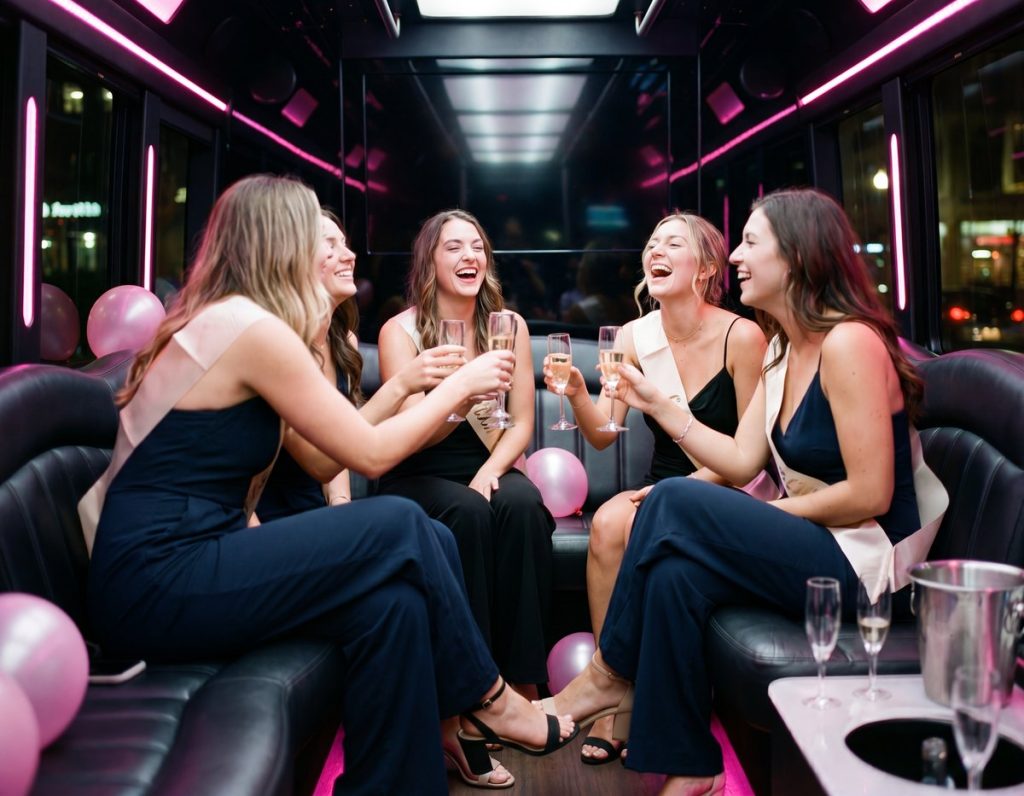 Bachelorette party celebrating with champagne inside a Toronto party bus