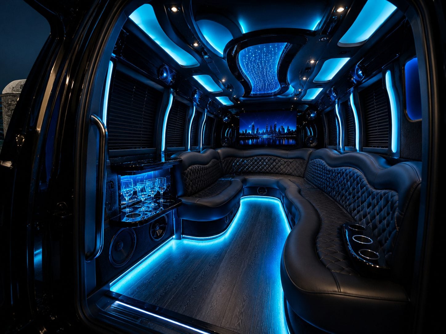 Interior of a black party bus in Toronto with wraparound leather seating