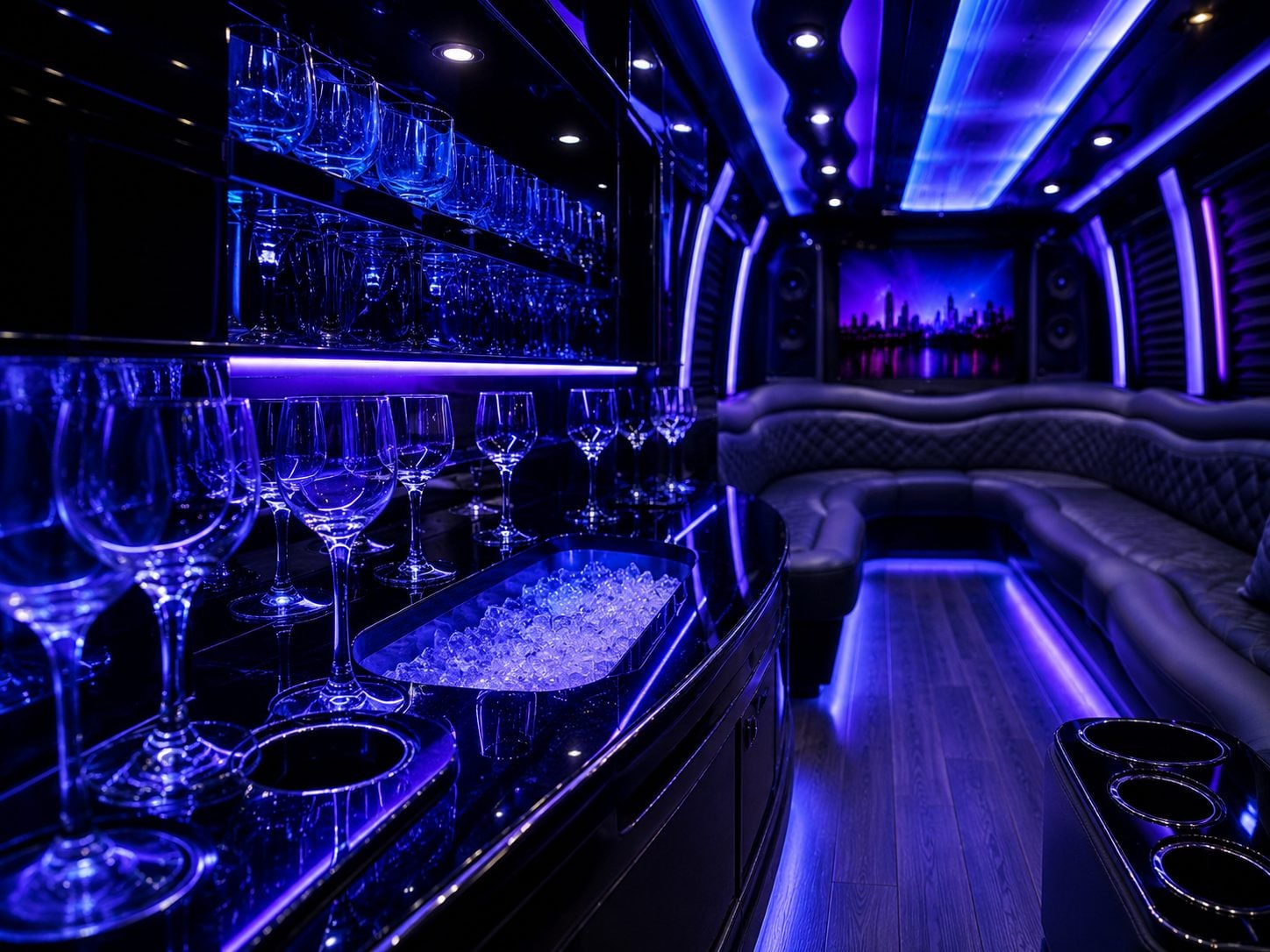 Party Bus Rental Toronto | 35-Passenger VIP Party Bus 1 35-seat VIP limousine bus interior in Toronto with LED lighting and built-in bar