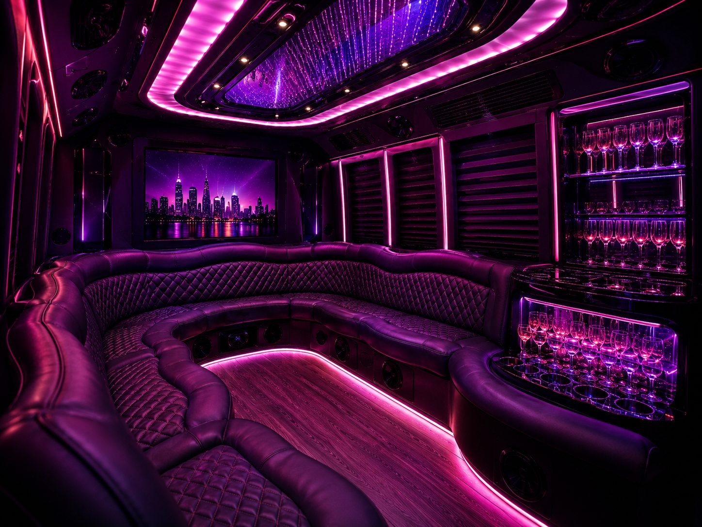 Interior of a black party bus with mood lighting and sound system