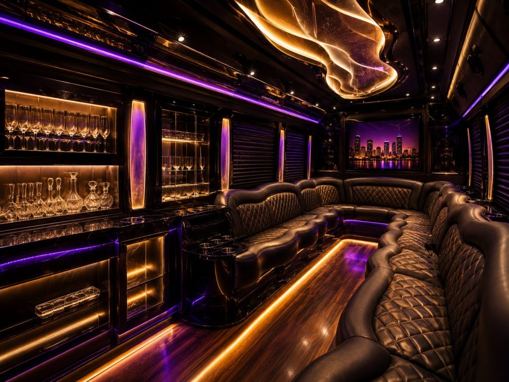 Party bus interior in Toronto with LED lighting and lounge seating