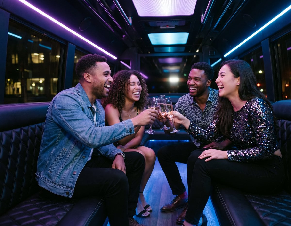 Friends toasting inside a Toronto party bus with LED lighting