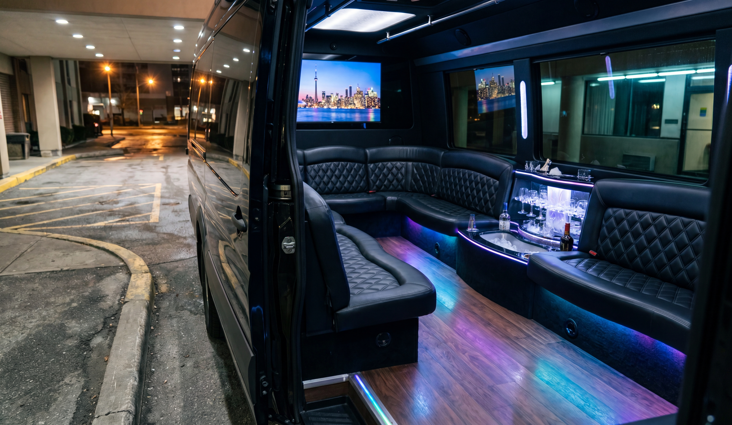 Interior of the 16-passenger Party Limo Van with LED-lit lounge seating and a built-in bar, parked kerbside at night