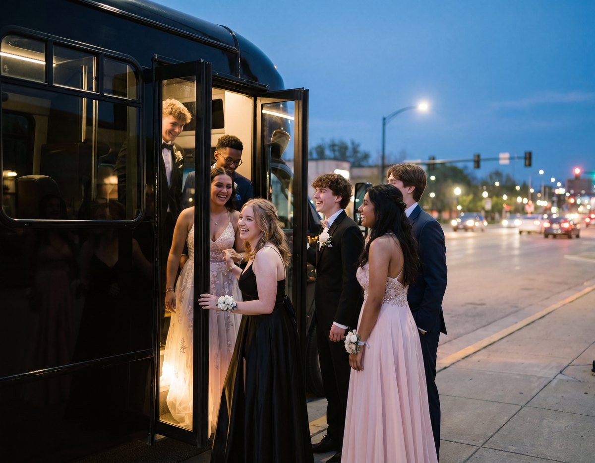 Prom group in formalwear boarding a black party bus in Toronto at dusk