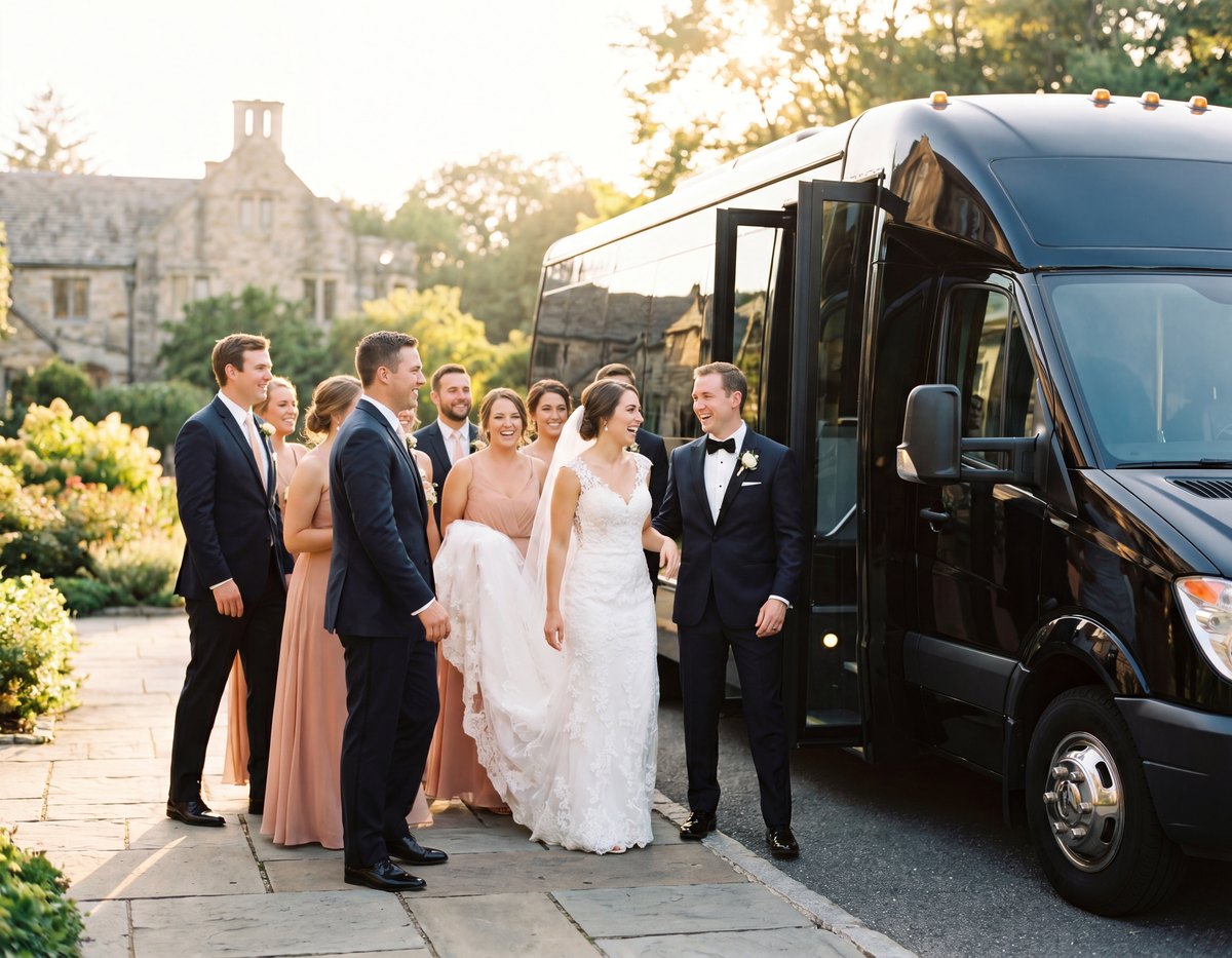 Wedding party boarding a black luxury party bus at a venue at golden hour