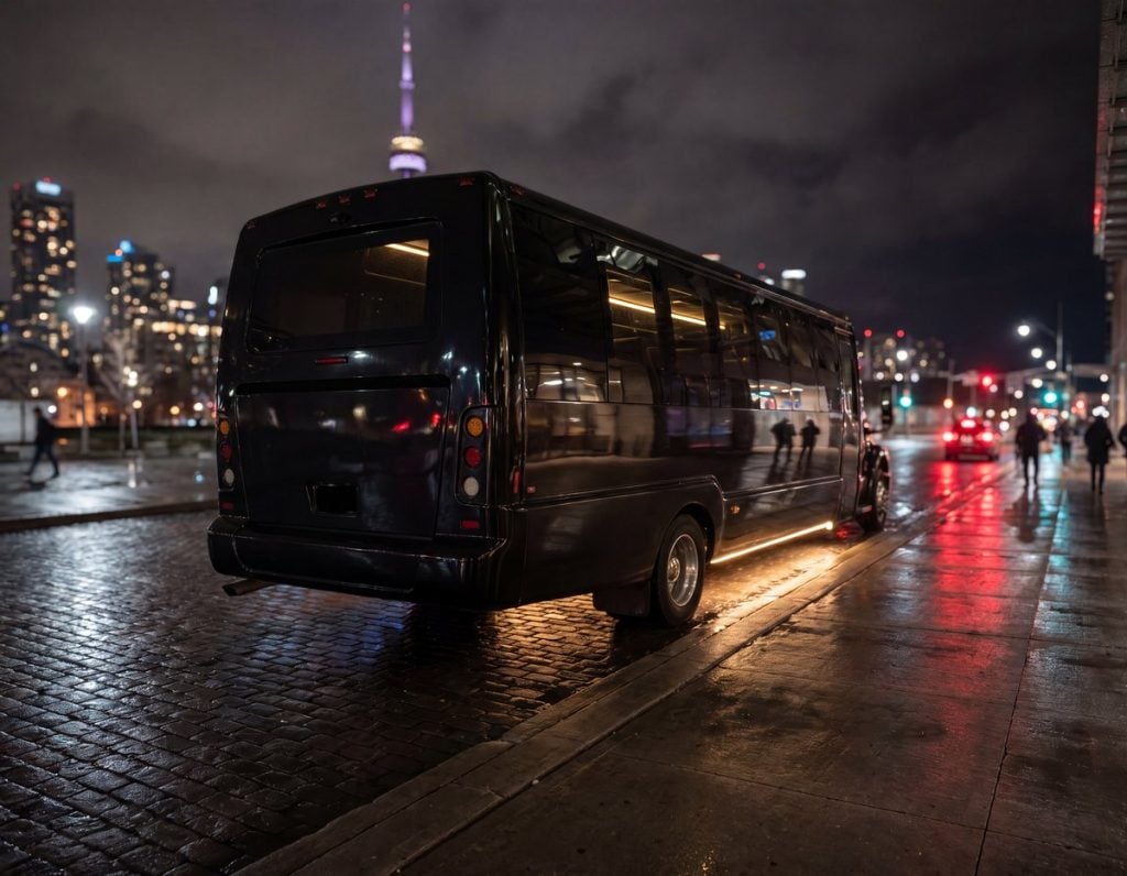 Black 35 passenger party bus parked at a downtown Toronto venue at night