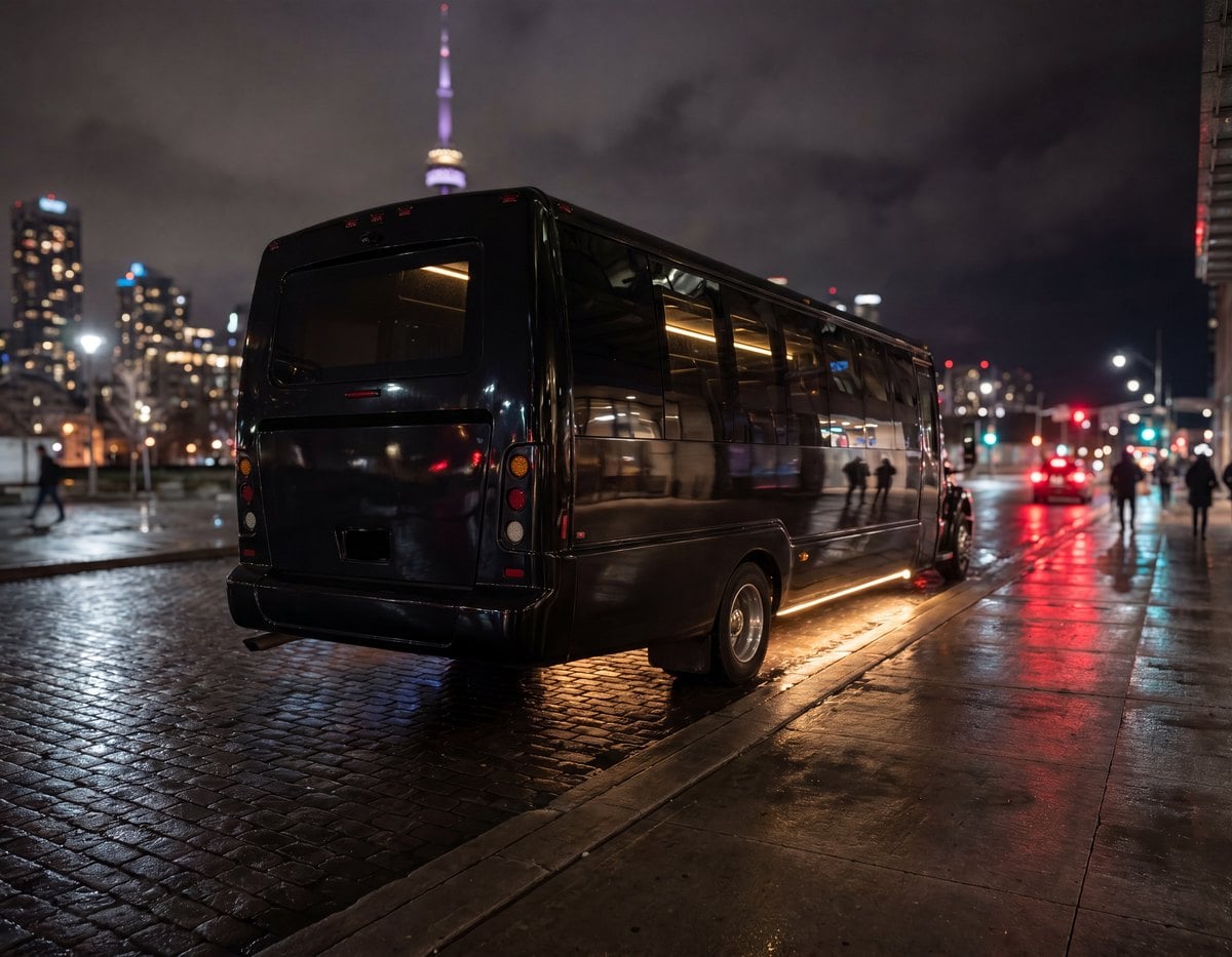 A 35-passenger party bus at a Toronto venue at night