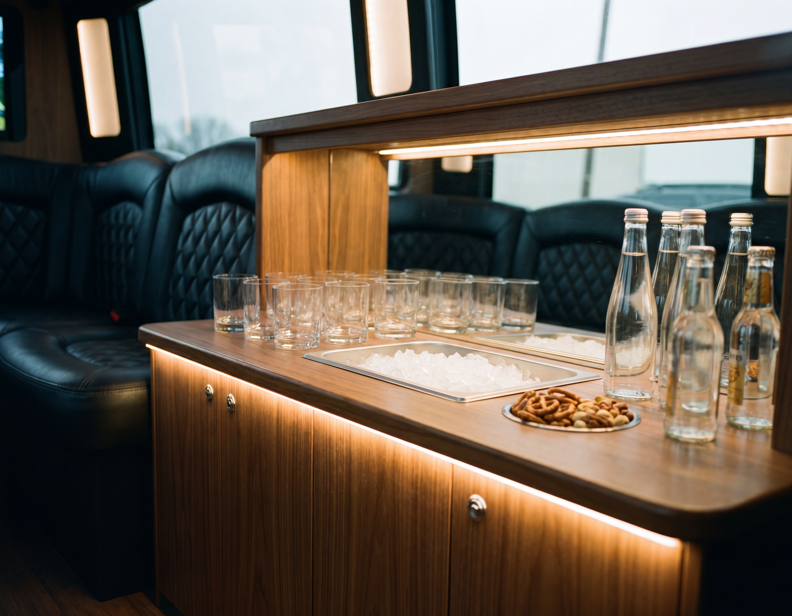 The BYOB bar area on a Toronto party bus: bring your own drinks, we supply the ice and cups.