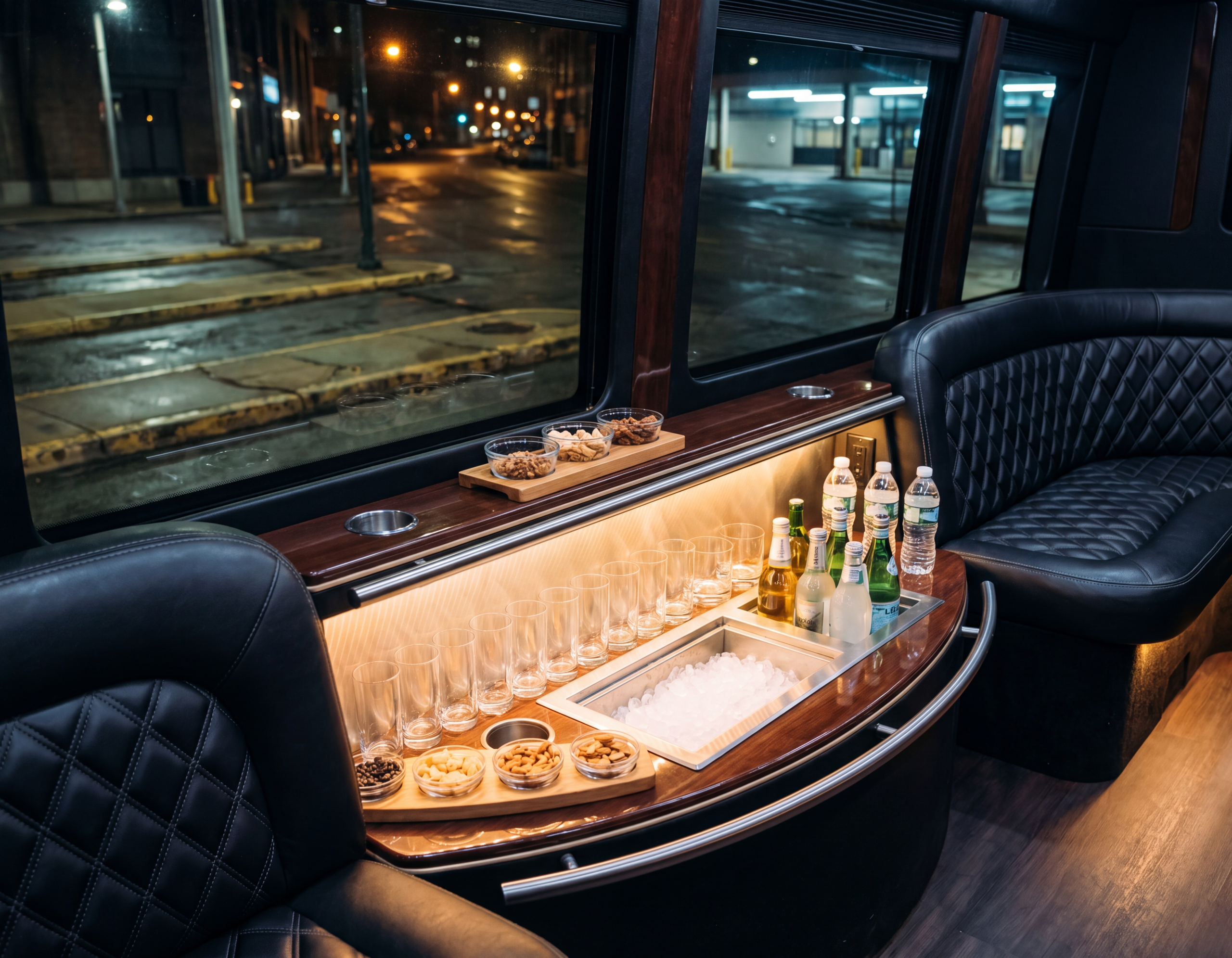 Party bus interior in Toronto with the BYOB bar area and LED lighting