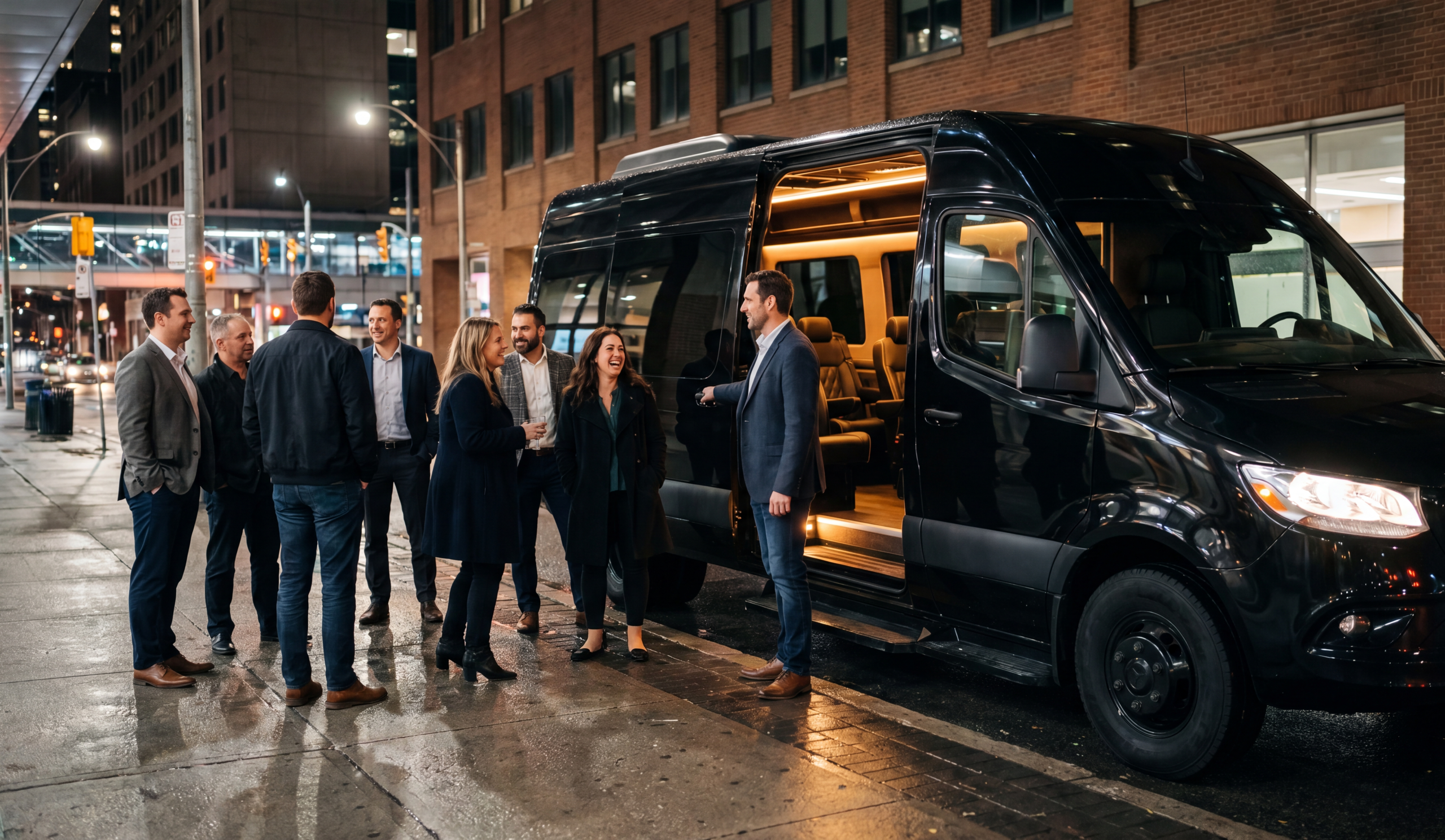A group boarding a black party van at a downtown Toronto curb at night