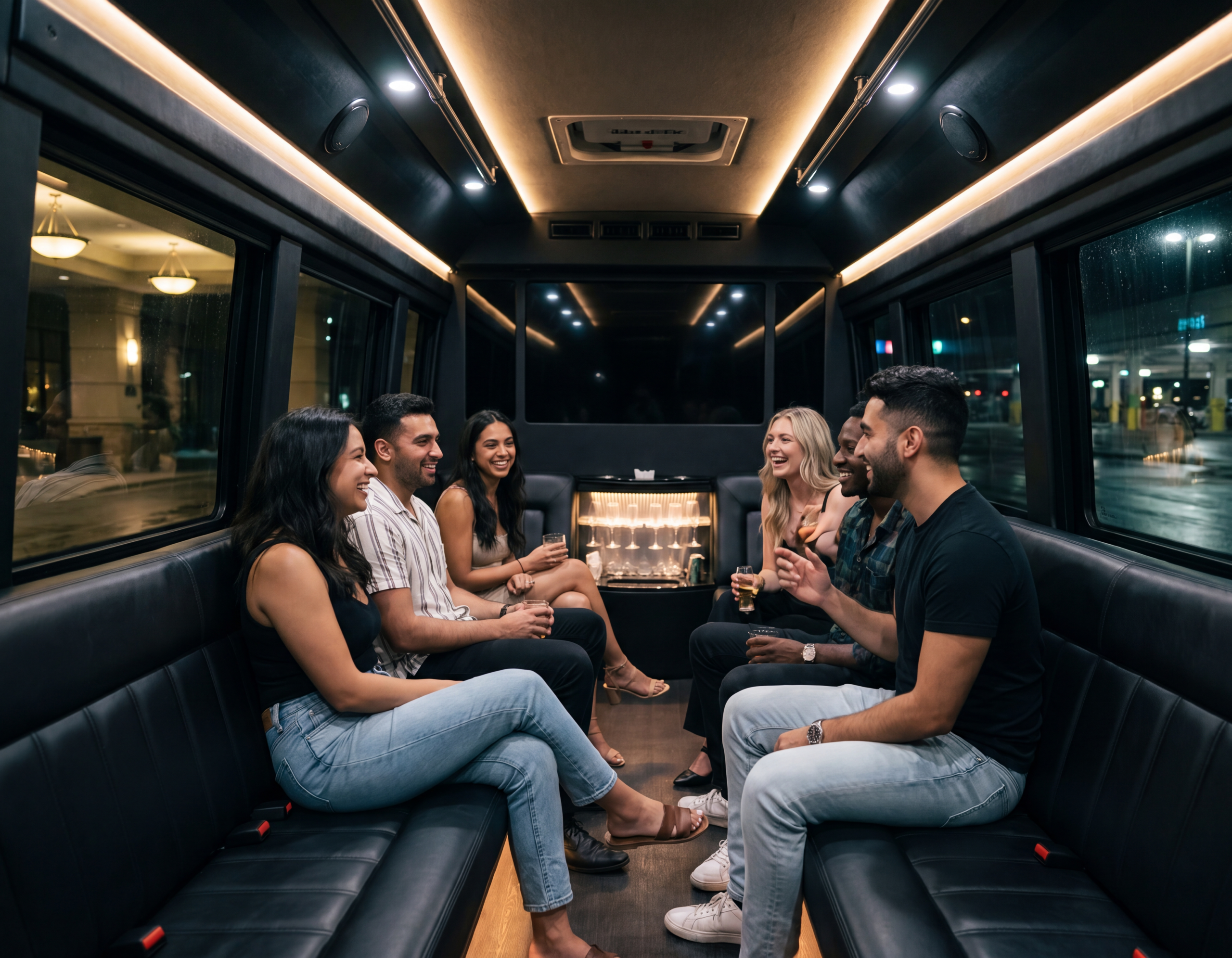 Interior of a 16-passenger LUX party van in Toronto with a seated group