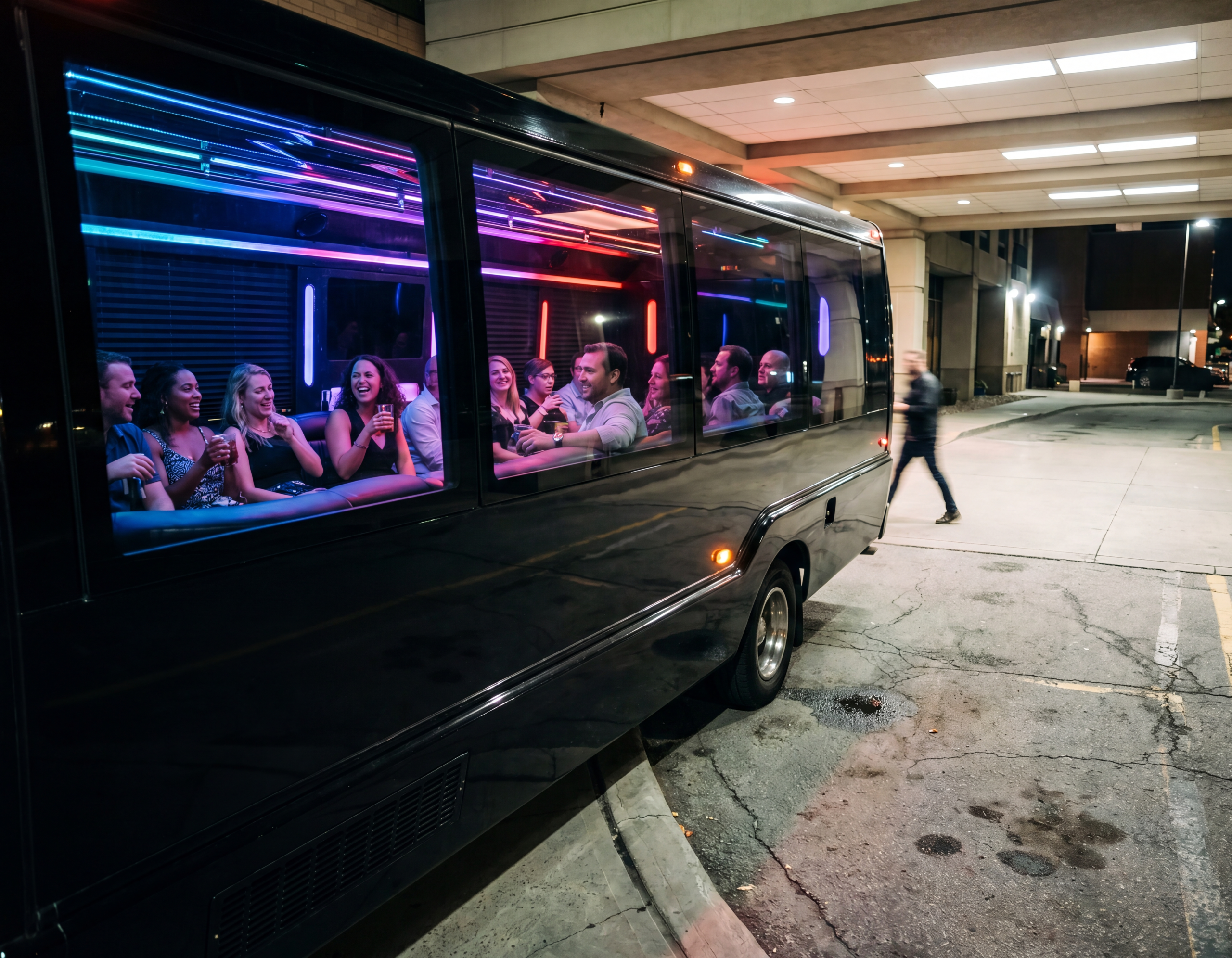 A full party bus cabin in Toronto with a group celebrating