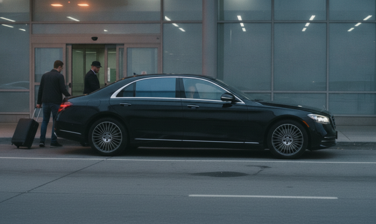 Black Mercedes-Benz S-Class sedan waiting at the Toronto Pearson Terminal 1 prearranged pickup post