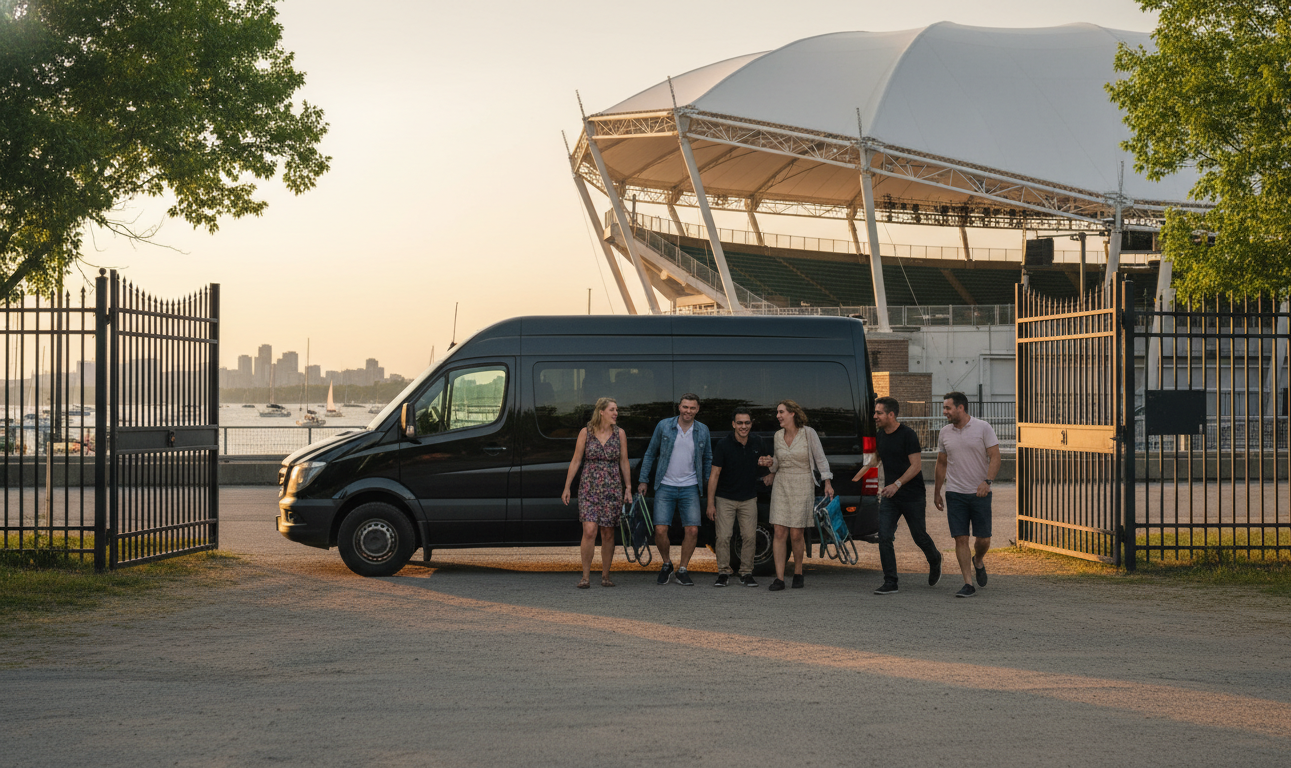 Group of friends arriving from a Sprinter van at RBC Amphitheatre gates at golden hour