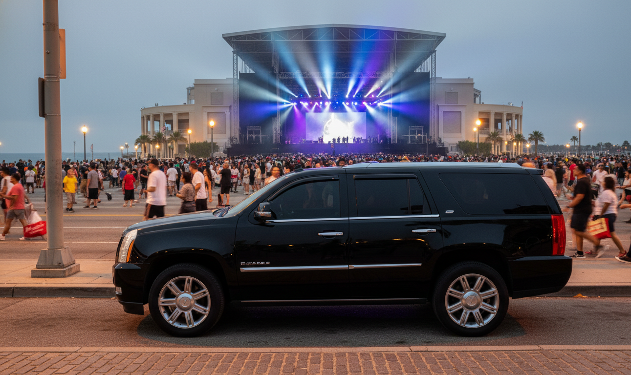 Private black car waiting near RBC Amphitheatre while post-concert crowd streams out onto Lakeshore Boulevard