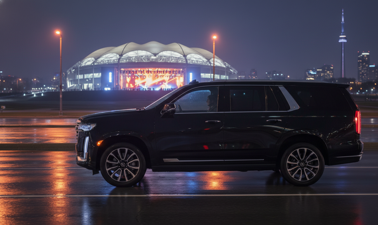 Black Escalade arriving along Lakeshore Boulevard for a concert at RBC Amphitheatre Toronto waterfront at night
