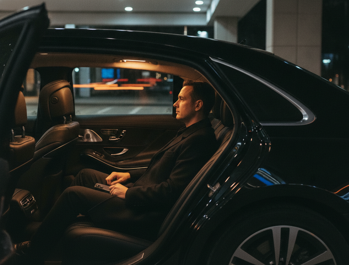 Is There a Flat Rate for the Pearson to Royal York Limo? 6 Interior of a black 2025 Mercedes-Benz S-Class S580 rear cabin at night, soft tungsten ambient lighting. A single busine