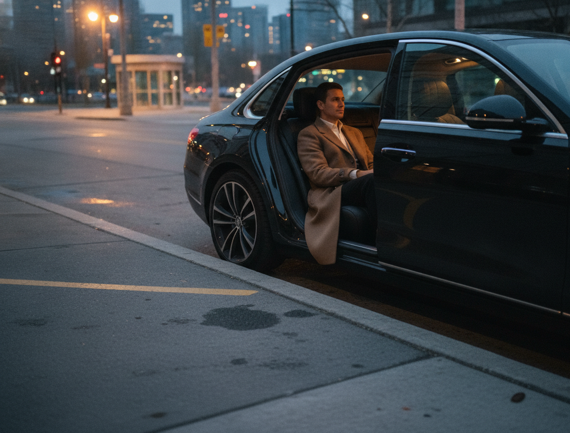 How Much Is an Airport Limo From Pearson to the Royal York? 1 Interior of a black 2025 Mercedes-Benz S-Class S580 rear cabin, one passenger in a coat seated comfortably looking out t