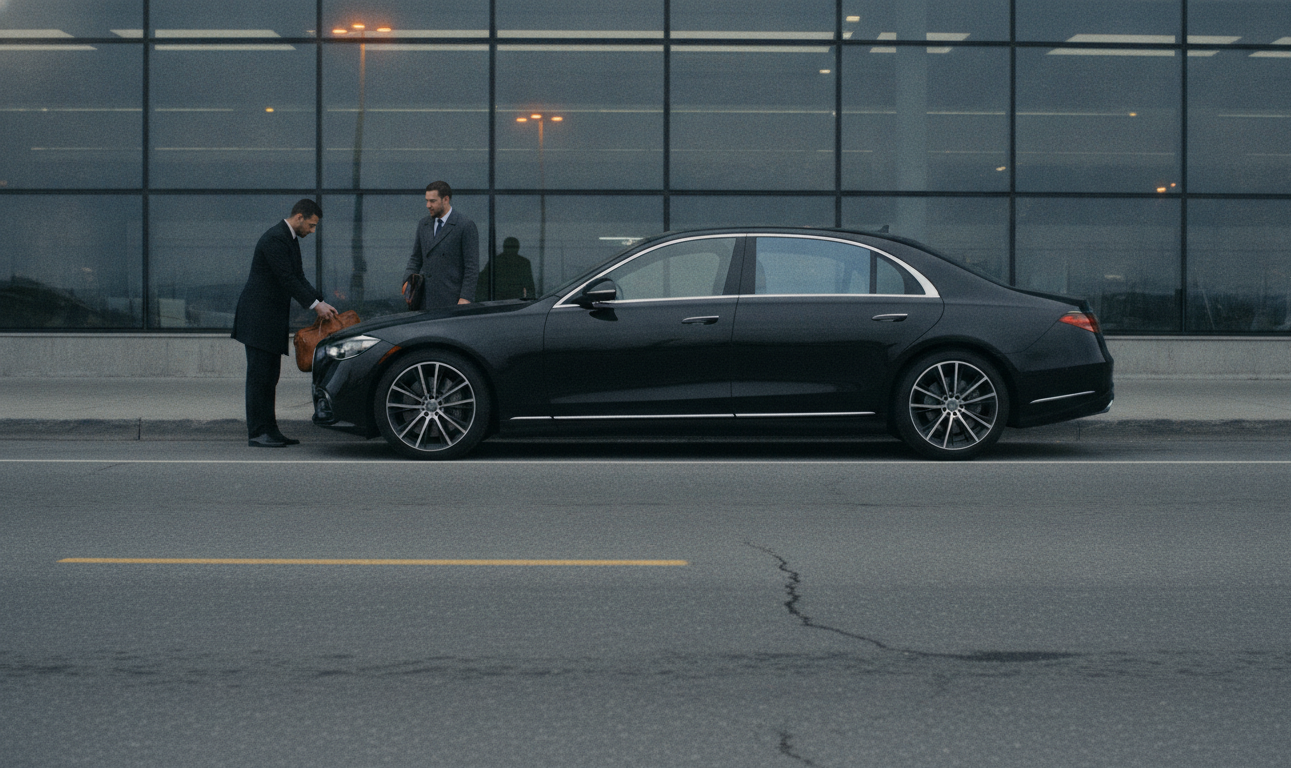 How Much Is an Airport Limo From Pearson to the Royal York? 2 A black 2025 Mercedes-Benz S-Class S580 pulled fully to the kerb in the Toronto Pearson Terminal 1 departures drop-off l