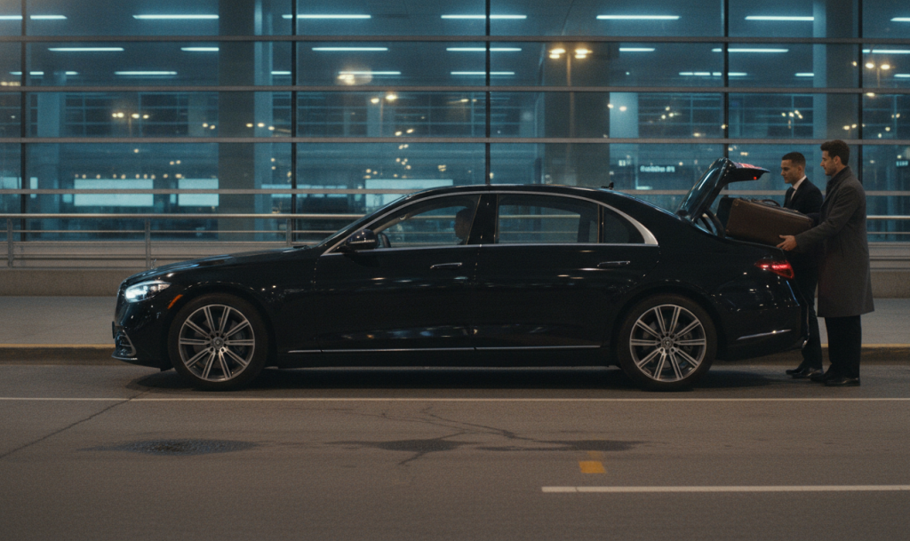 RM Locations 23 A black 2025 Mercedes-Benz S-Class S580 pulled fully to the Toronto Pearson Terminal 1 arrivals kerb at blue hour, a cha
