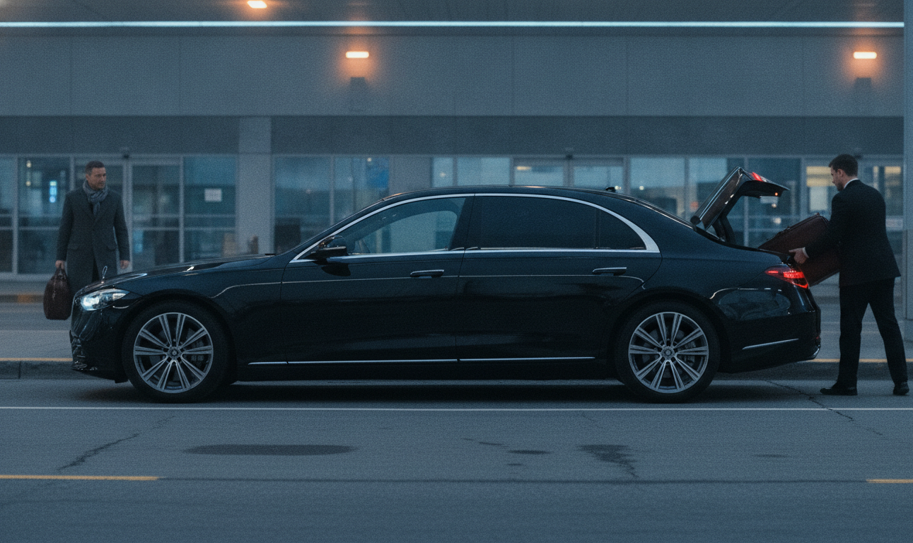 A black 2025 Mercedes-Benz S-Class S580 pulled fully to the kerb in the Toronto Pearson Terminal 1 departures drop-off l