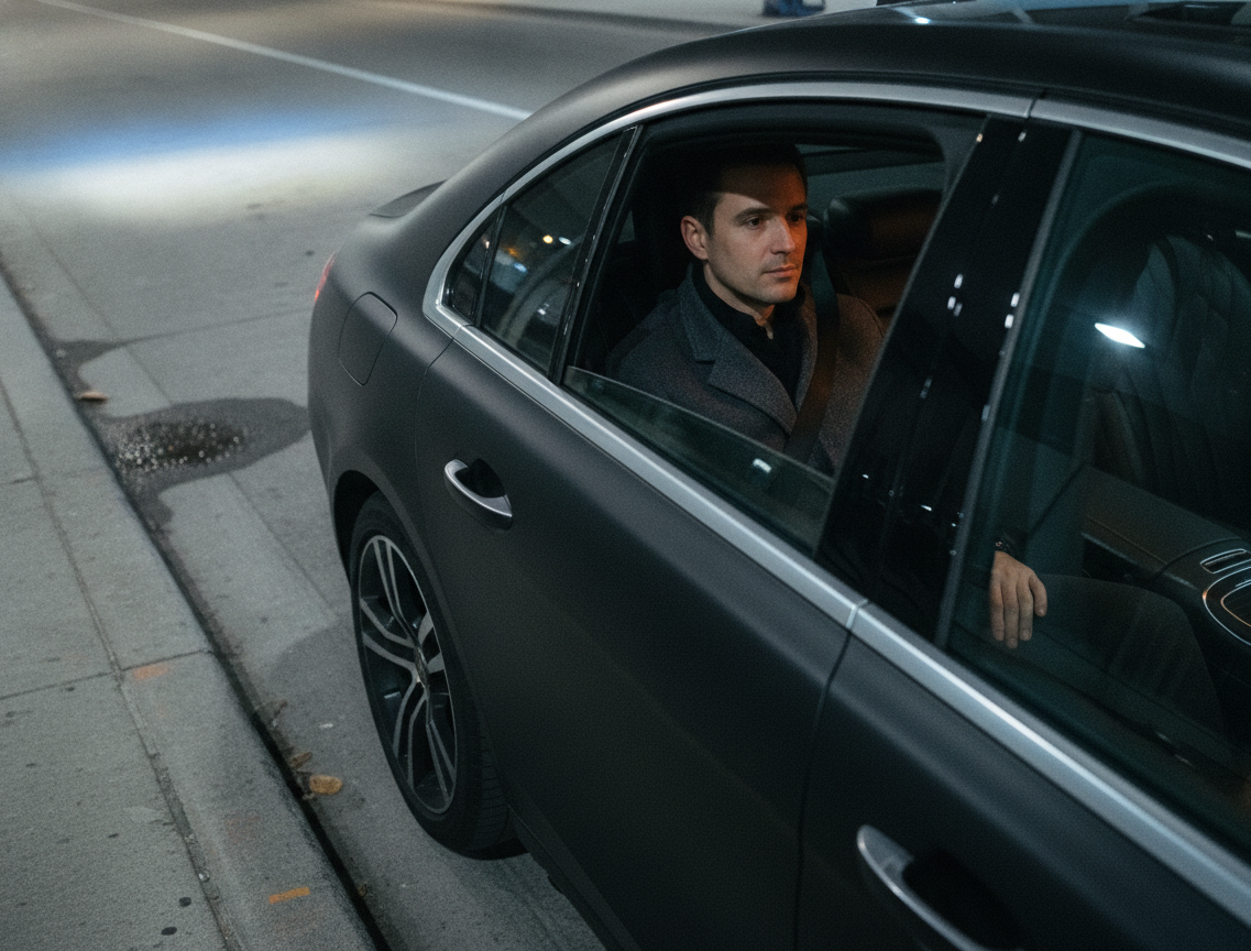 Interior of a black 2025 Mercedes-Benz S-Class S580 rear cabin, one passenger in a coat seated comfortably looking out t