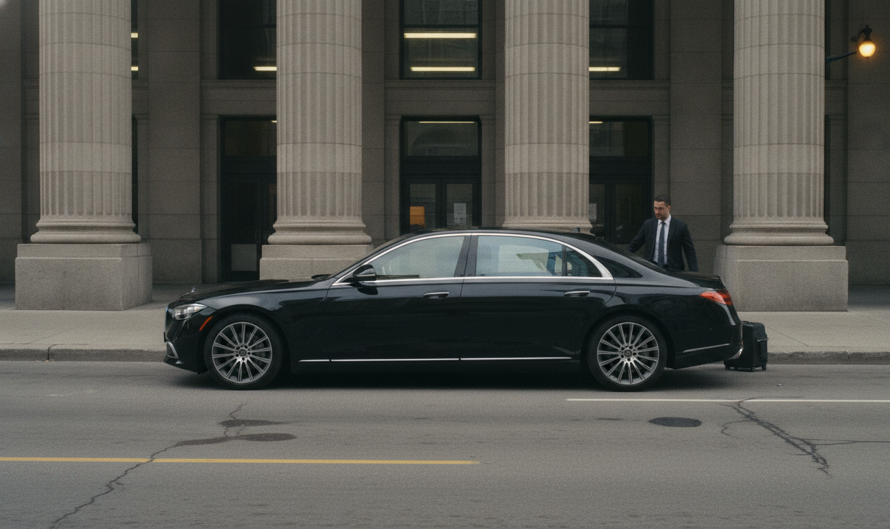 A black 2025 Mercedes-Benz S-Class sedan pulled to the kerb on Front Street directly outside Union Station's stone facad