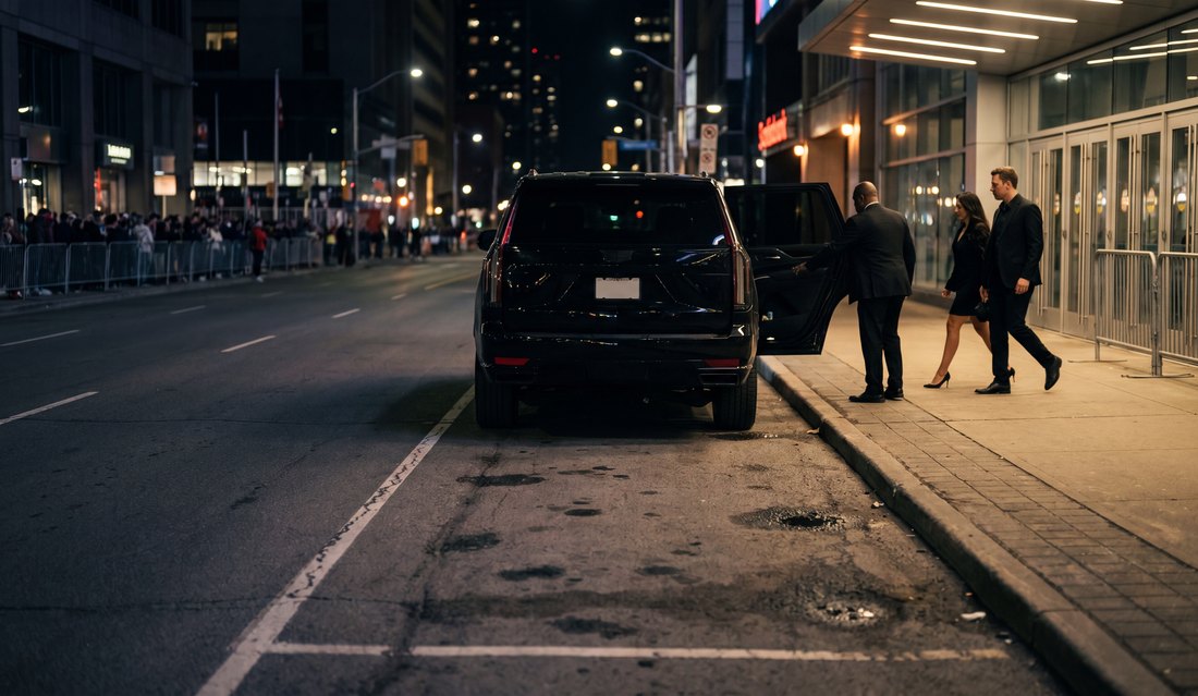 Black Cadillac Escalade at the Scotiabank Arena curb drop-off with guests on the sidewalk at night