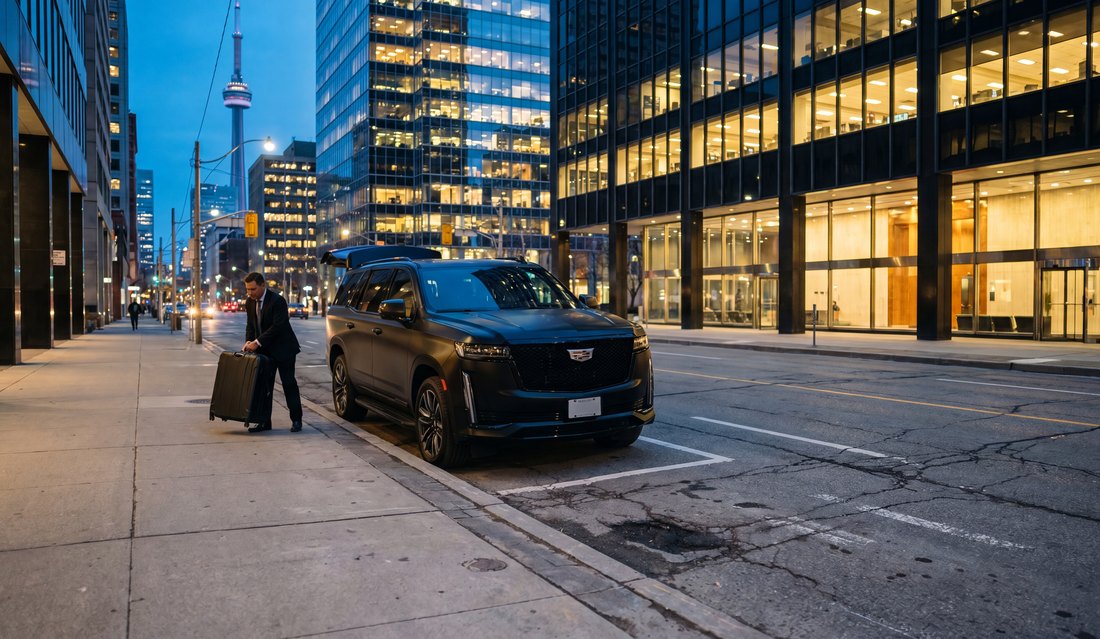 Chauffeur loading luggage at a downtown Toronto curb near Scotiabank Arena at dusk