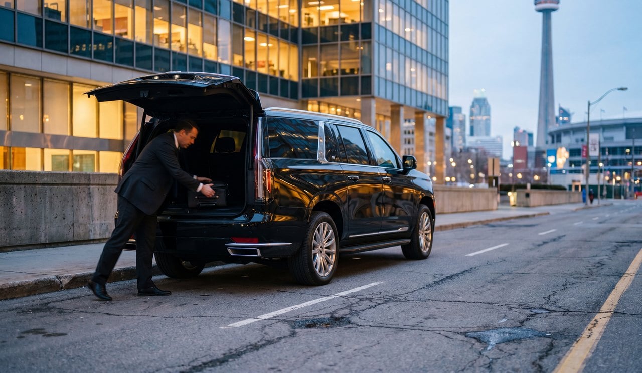 A black Cadillac Escalade parked at a downtown Toronto kerb near the CN Tower with a chauffeur loading luggage