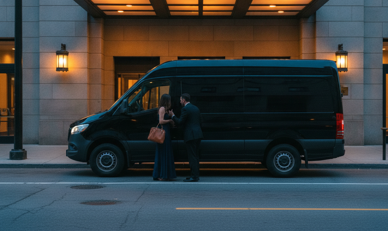 A black 2025 Mercedes-Benz Sprinter pulled fully to the Front Street kerb at the Fairmont Royal York east entrance, blue
