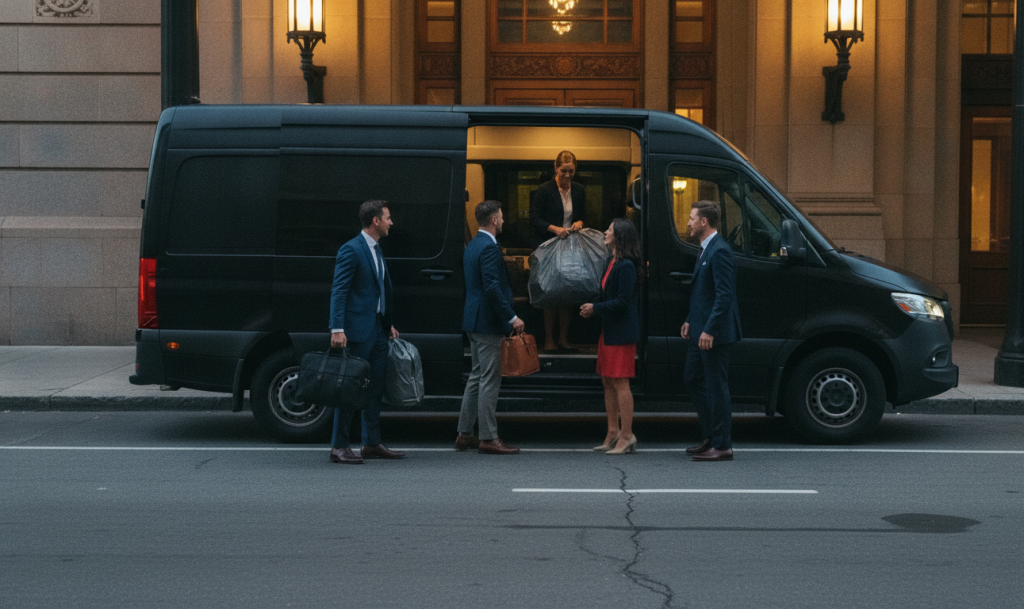 RM Locations 37 A black 2025 Mercedes-Benz Sprinter pulled fully to the kerb on the Fairmont Royal York Front Street forecourt, side doo