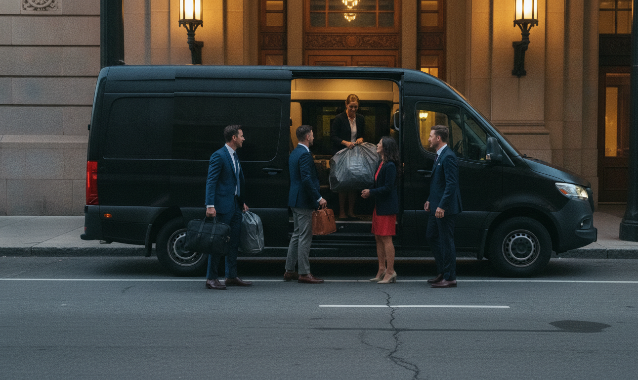How Much Is an Airport Limo From Pearson to the Royal York? 5 A black 2025 Mercedes-Benz Sprinter pulled fully to the kerb on the Fairmont Royal York Front Street forecourt, side doo
