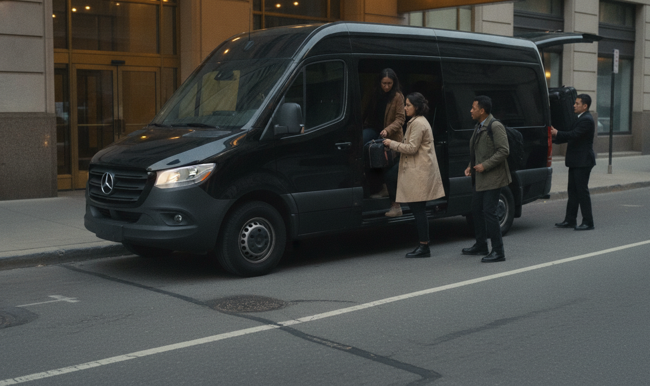 A black 2025 Mercedes-Benz Sprinter van pulled to the kerb outside a downtown Toronto residential entrance at midday, si