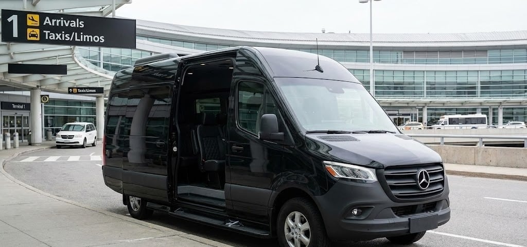 Black Mercedes-Benz Sprinter van parked at the Terminal 1 Arrivals curb at Toronto Pearson Airport