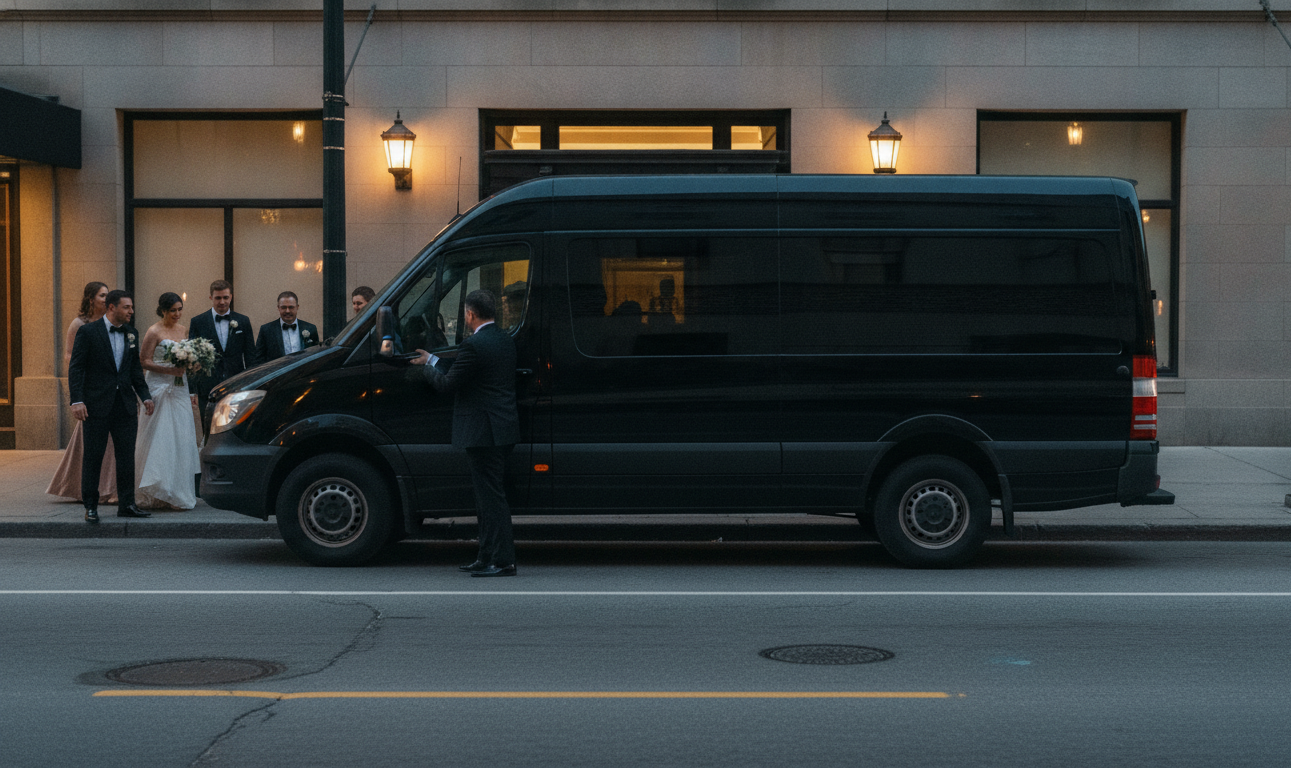 A black 2025 Mercedes-Benz Sprinter pulled fully to the Front Street kerb outside the Fairmont Royal York, golden-hour l