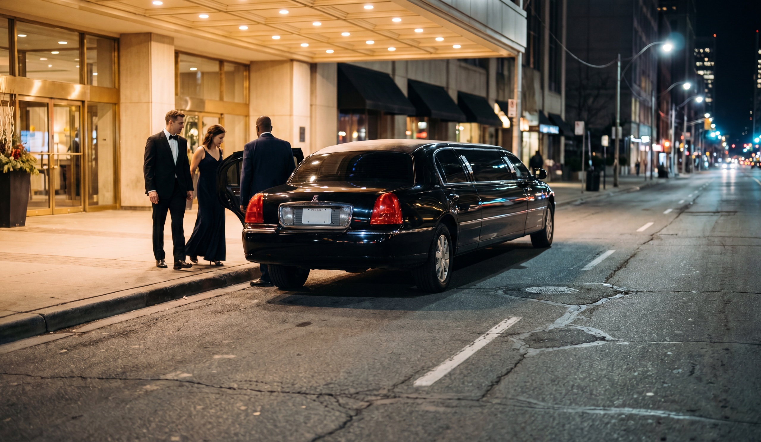 Black stretch limousine with a couple at a downtown Toronto hotel entrance at night