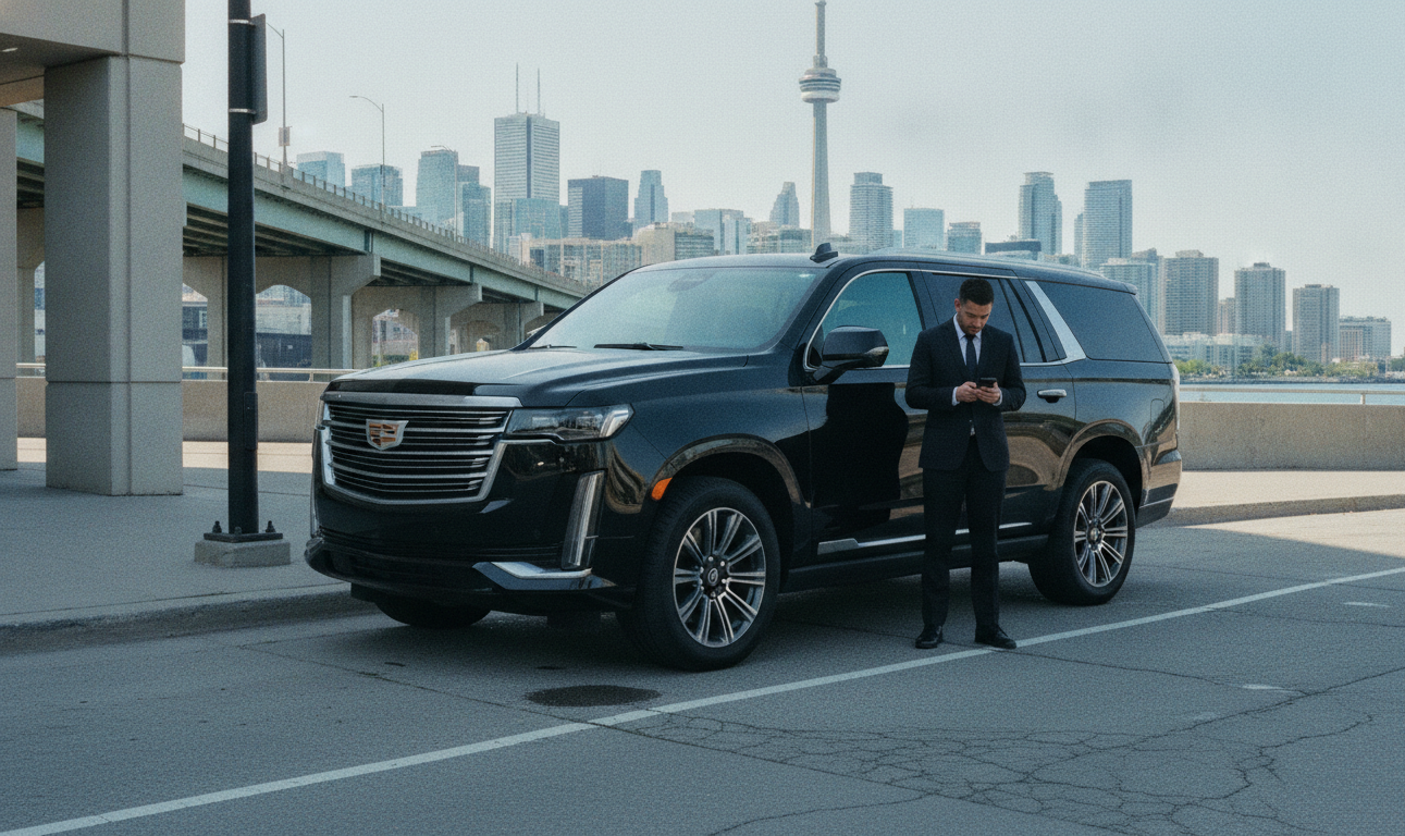 How Much Is an Airport Limo From Pearson to the Royal York? 3 A black 2025 Cadillac Escalade ESV pulled fully onto a Lake Shore Boulevard kerb pullout near the Gardiner Expressway, w