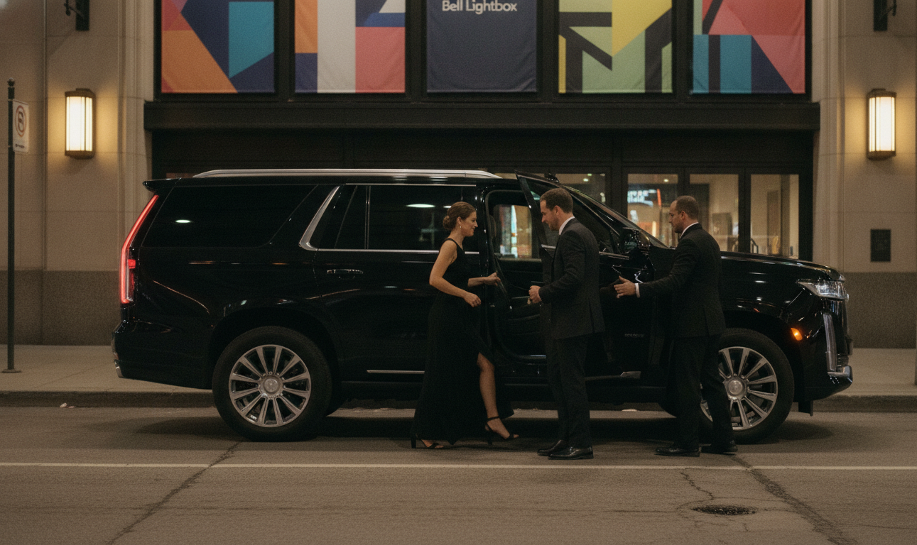 A chauffeur holding the door of a black Cadillac Escalade for a couple in formal wear at a lit Toronto venue at night