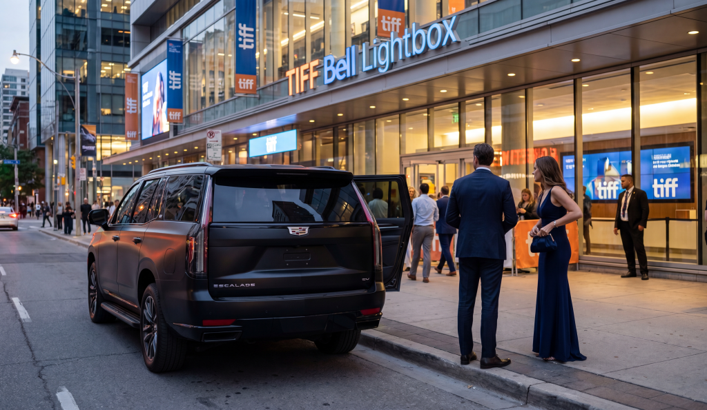 Cadillac Escalade ESV with couple at TIFF Bell Lightbox entrance at night