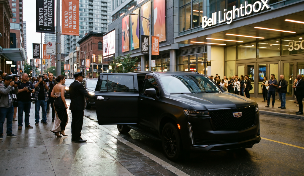 Chauffeur opening door for guest at Bell Lightbox entrance at night