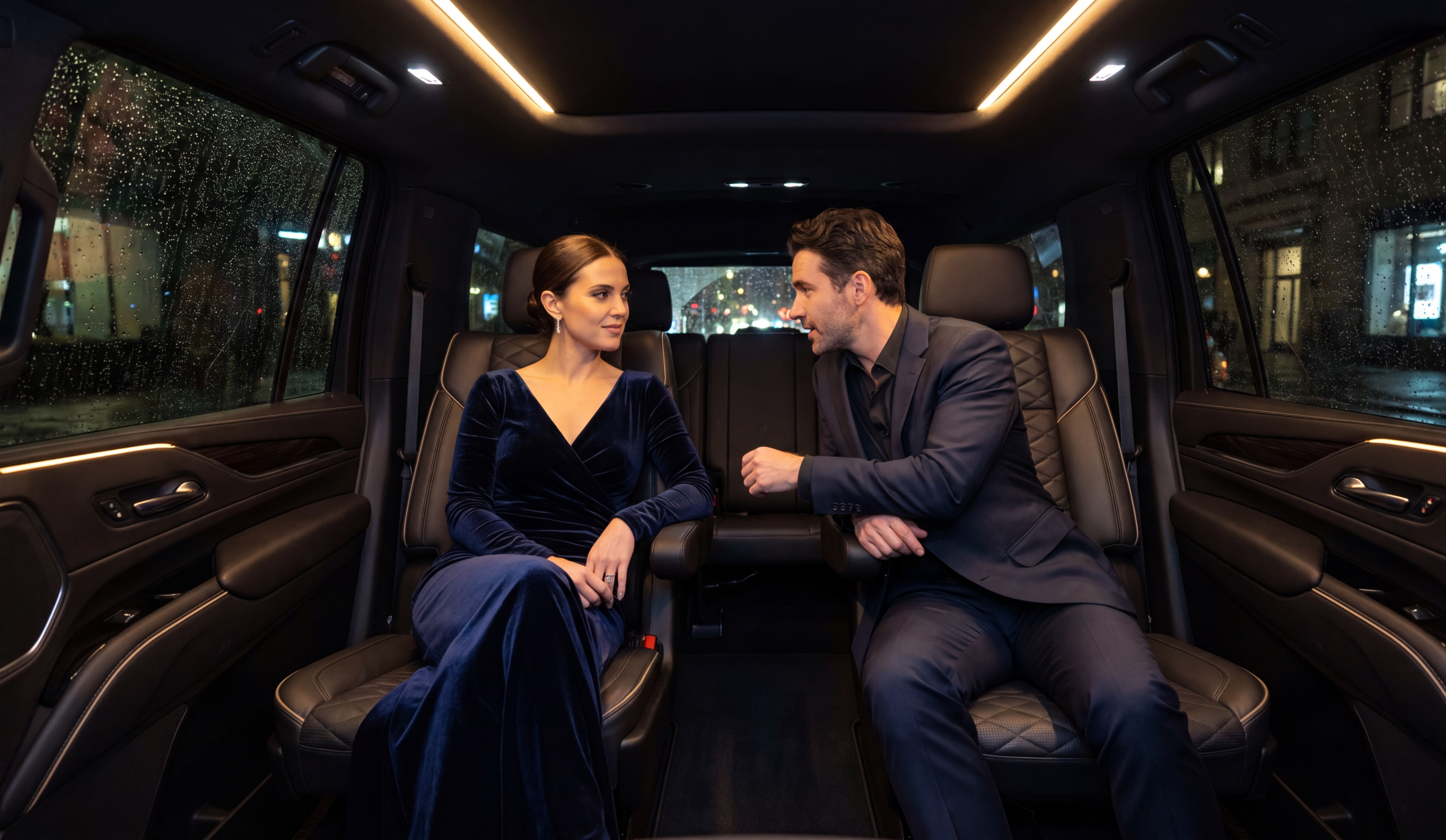 Escalade ESV rear cabin interior pre-gala, couple in captain chairs, Entertainment District