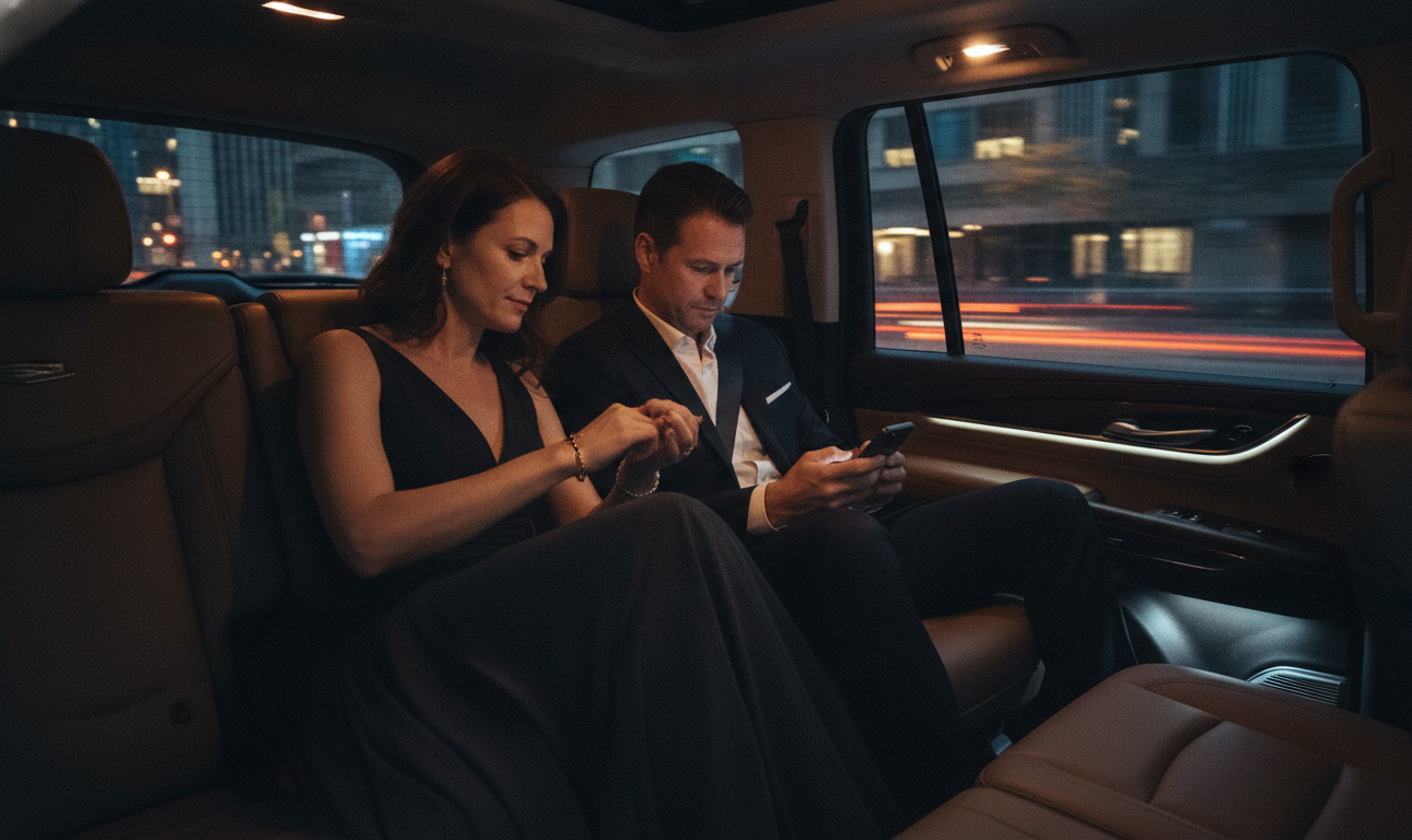 Interior of a black Cadillac Escalade at night with 2 passengers in evening wear, city lights streaming past the window