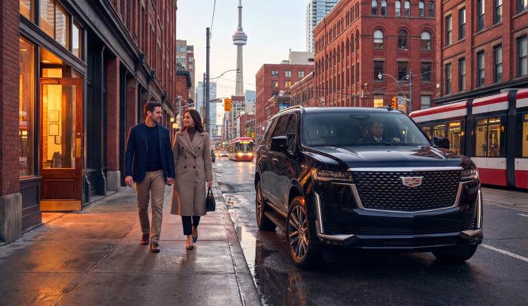 Black Cadillac Escalade at a King West restaurant kerb at dusk, a couple walking over