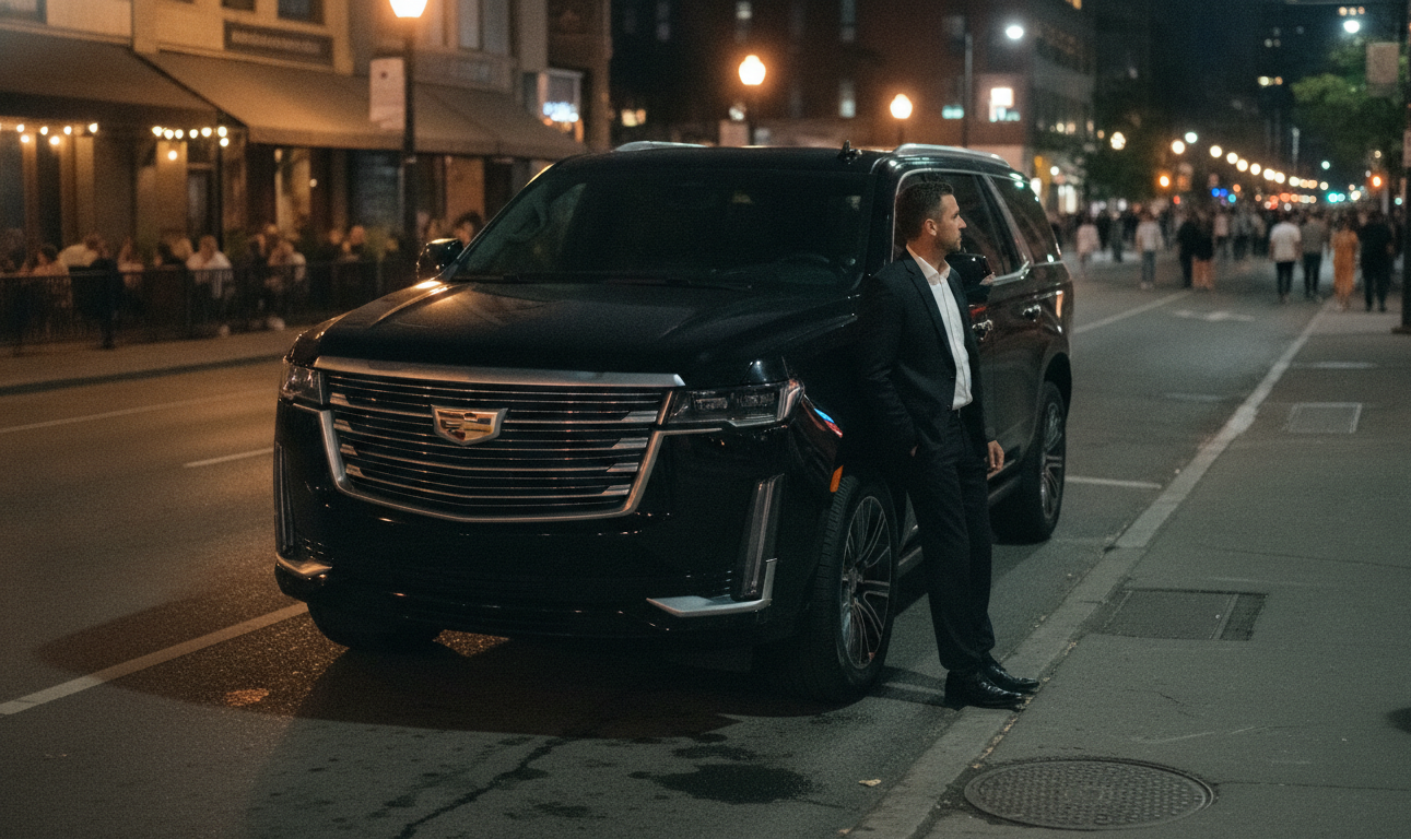 Chauffeur waiting beside a black Cadillac Escalade outside a King Street restaurant in Toronto at night