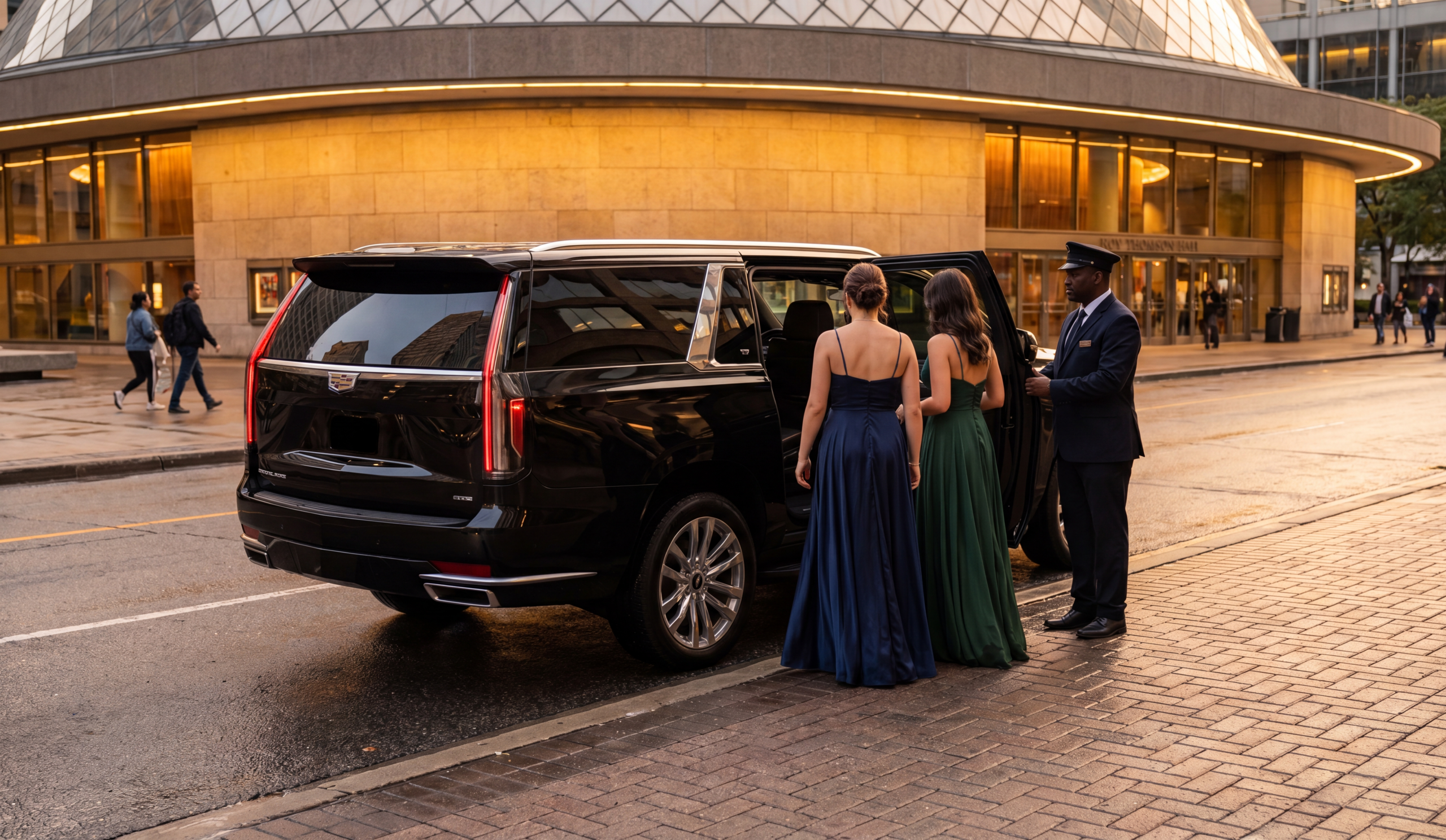 Black Escalade at Roy Thomson Hall red carpet dusk
