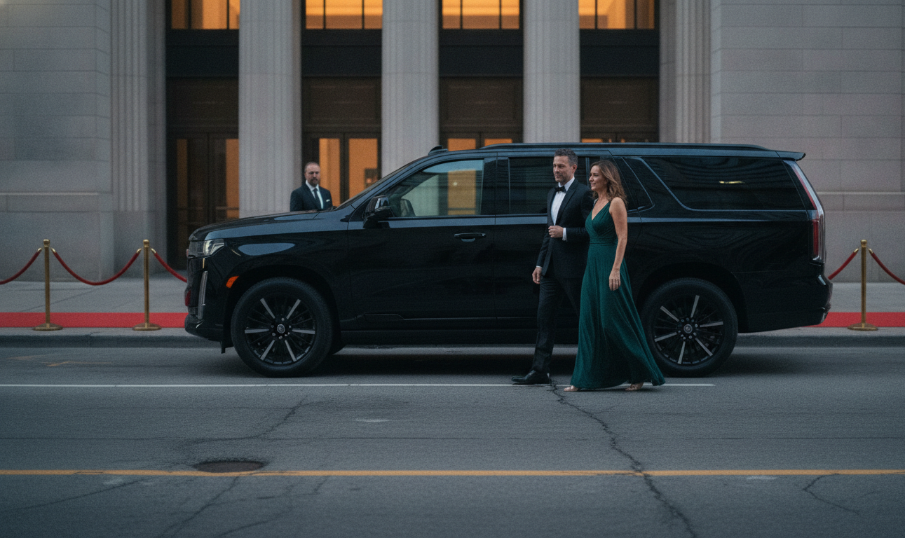 A couple in formal evening wear stepping from a black Cadillac Escalade at a red-carpet Toronto venue entrance at dusk