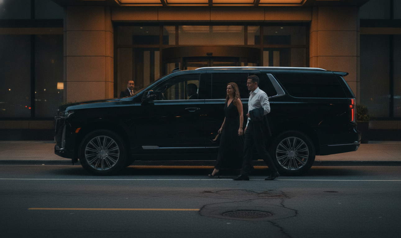 Black Mercedes-Benz Sprinter parked at a quiet downtown Toronto side street late at night with two passengers stepping out under a streetlight
