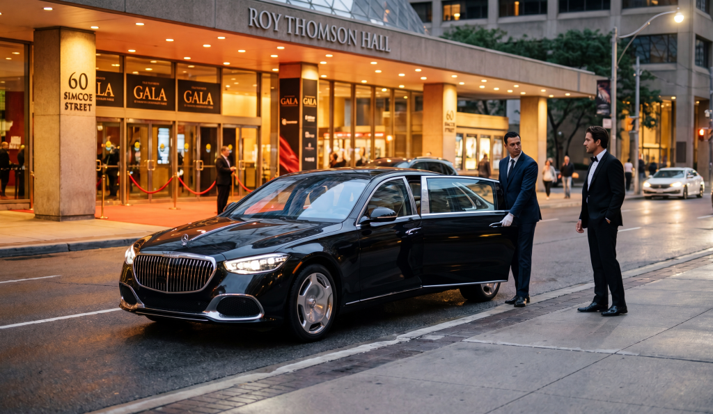 Maybach at Roy Thomson Hall Simcoe Street gala drop-off with chauffeur and tuxedo guest